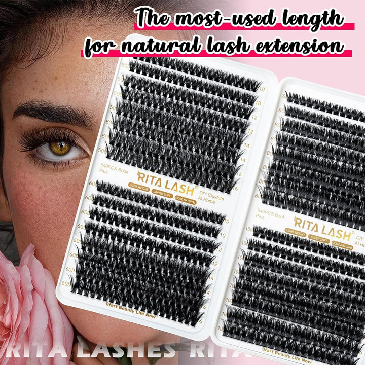 ✨RITALASH 640PCS DIY Lash Extension Kit – 50D + 60D + 80D + 100D Cluster Lashes