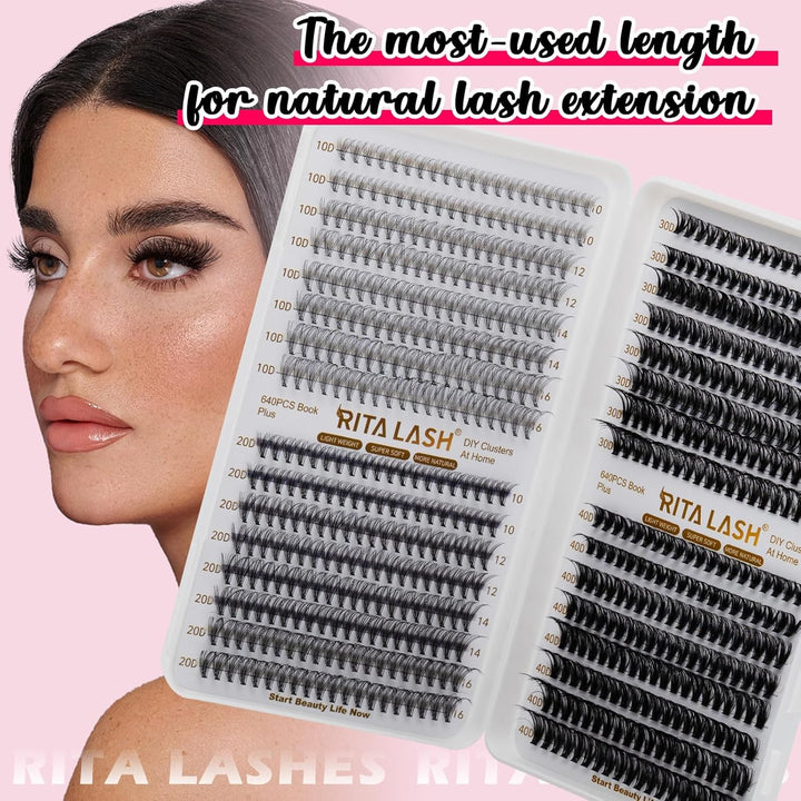 🌟RITALASH 640PCS Lash Extension Kit – 10D+20D+30D+40D DIY Cluster Lashes