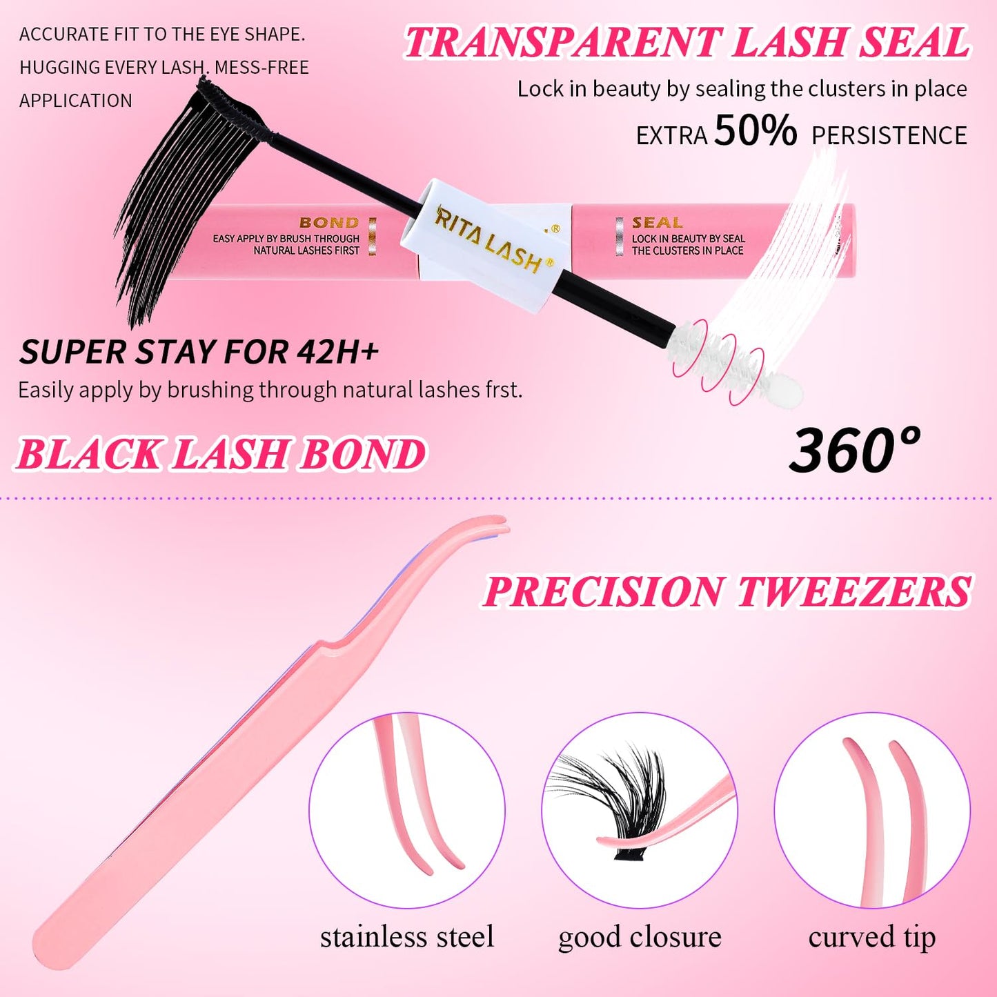 💖RITALASH DIY Lash Extension Kit – 3 Boxes Fluffy Cluster Lashes (40D+60D+80D) with Bond, Seal, Tweezers & Washbag | Soft Wispy Individual Eyelash Extensions