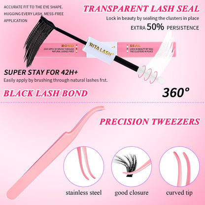 💖RITALASH DIY Lash Extension Kit – 3 Boxes Fluffy Cluster Lashes (40D+60D+80D) with Bond, Seal, Tweezers & Washbag | Soft Wispy Individual Eyelash Extensions