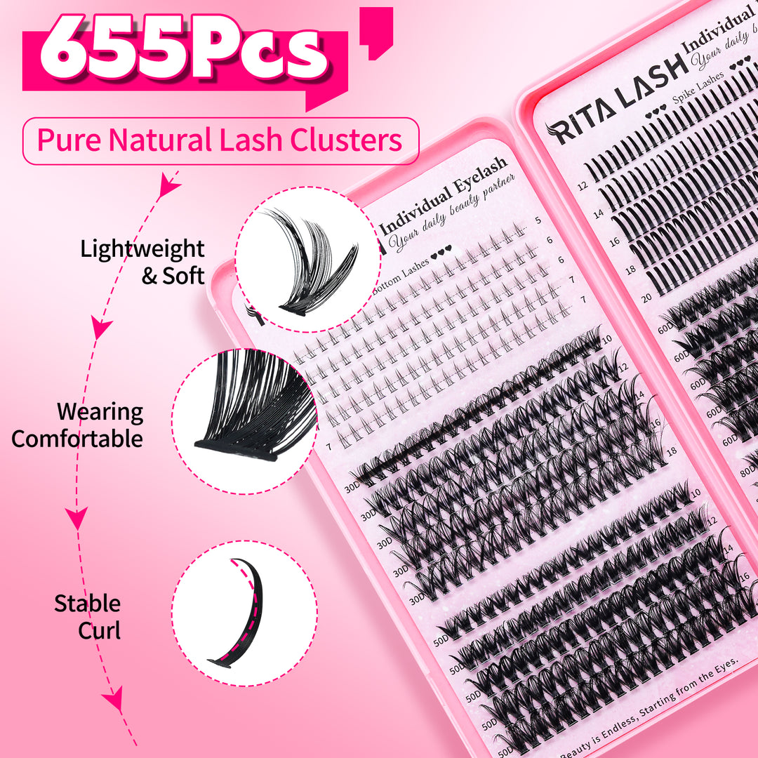 💖RITALASH 655PCS DIY Lash Extension Kit – Bottom, Spike, 60D & 80D Cluster Lashes