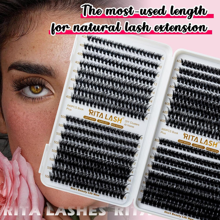 ✨RITALASH Lash Extension Kit – 640PCS DIY Lash Clusters 40D+50D+60D+80D Cluster Lashes