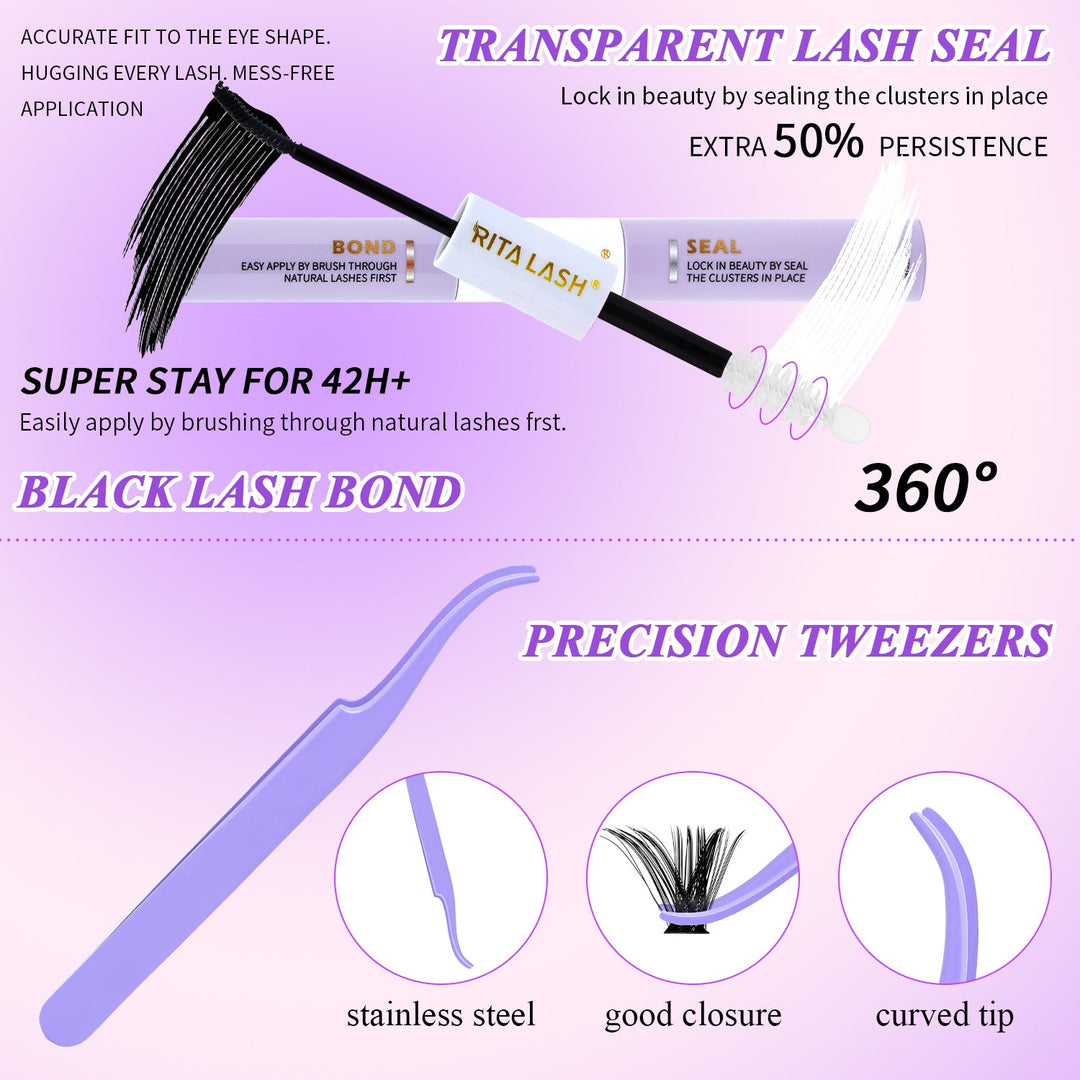 Lash Extension Kit 3 Boxes Lash Clusters+ Lash Bond and Seal,Lash Tweezers,Washbag(60D+80D Fluffy, 100D, Doll 60D,3 Boxes Kit)