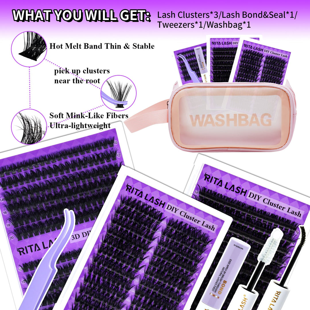 Lash Extension Kit 3 Boxes Lash Clusters+ Lash Bond and Seal,Lash Tweezers,Washbag(60D+80D Fluffy, 100D, Doll 60D,3 Boxes Kit)