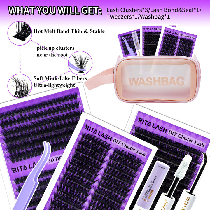 Lash Extension Kit 3 Boxes Lash Clusters+ Lash Bond and Seal,Lash Tweezers,Washbag(60D+80D Fluffy, 100D, Doll 60D,3 Boxes Kit)