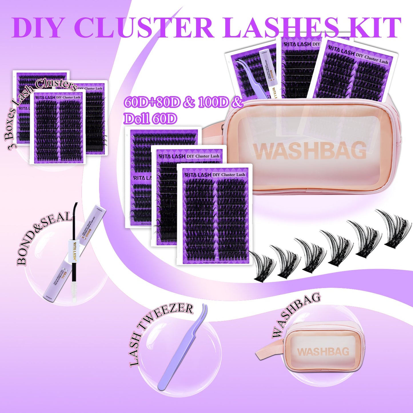 Lash Extension Kit 3 Boxes Lash Clusters+ Lash Bond and Seal,Lash Tweezers,Washbag(60D+80D Fluffy, 100D, Doll 60D,3 Boxes Kit)