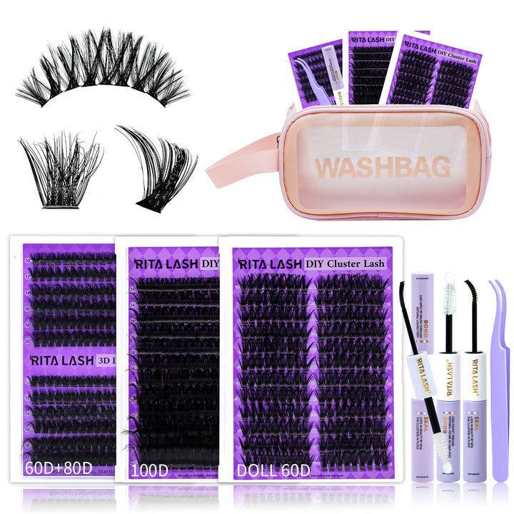 Lash Extension Kit 3 Boxes Lash Clusters+ Lash Bond and Seal,Lash Tweezers,Washbag(60D+80D Fluffy, 100D, Doll 60D,3 Boxes Kit)