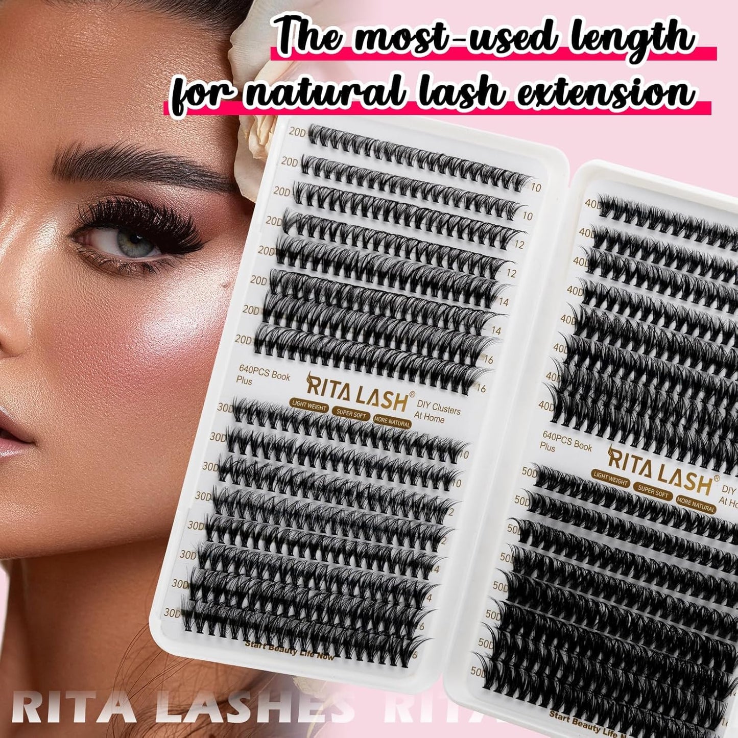 🌟RITALASH 640PCS Lash Extension Kit – 20D+30D+40D+50D Cluster Lashes (10–16mm Mixed) with Bond, Seal & Tweezers, DIY Individual Eyelash Extensions at Home