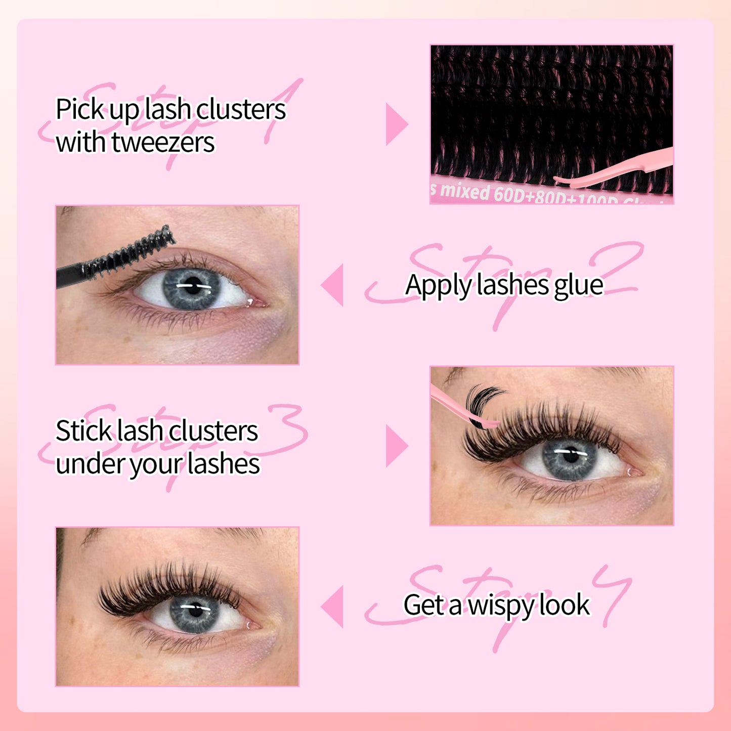 💖RITALASH 300pcs D Curl Individual Eyelashes Cluster Kit DIY Eyelash Extensions Lengths Mixed Tray DIY Individual False Cluster At Home With Bond And Seal Applicator Individual False Cluster Remover