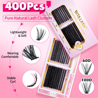 💖RITALASH 400pcs D Curl Cluster Lash Kit MIX 60D+100D Black Individual Eyelashes D Curl With Lash Bond And Seal Cluster Remover Lash Tweezer DIY At Home