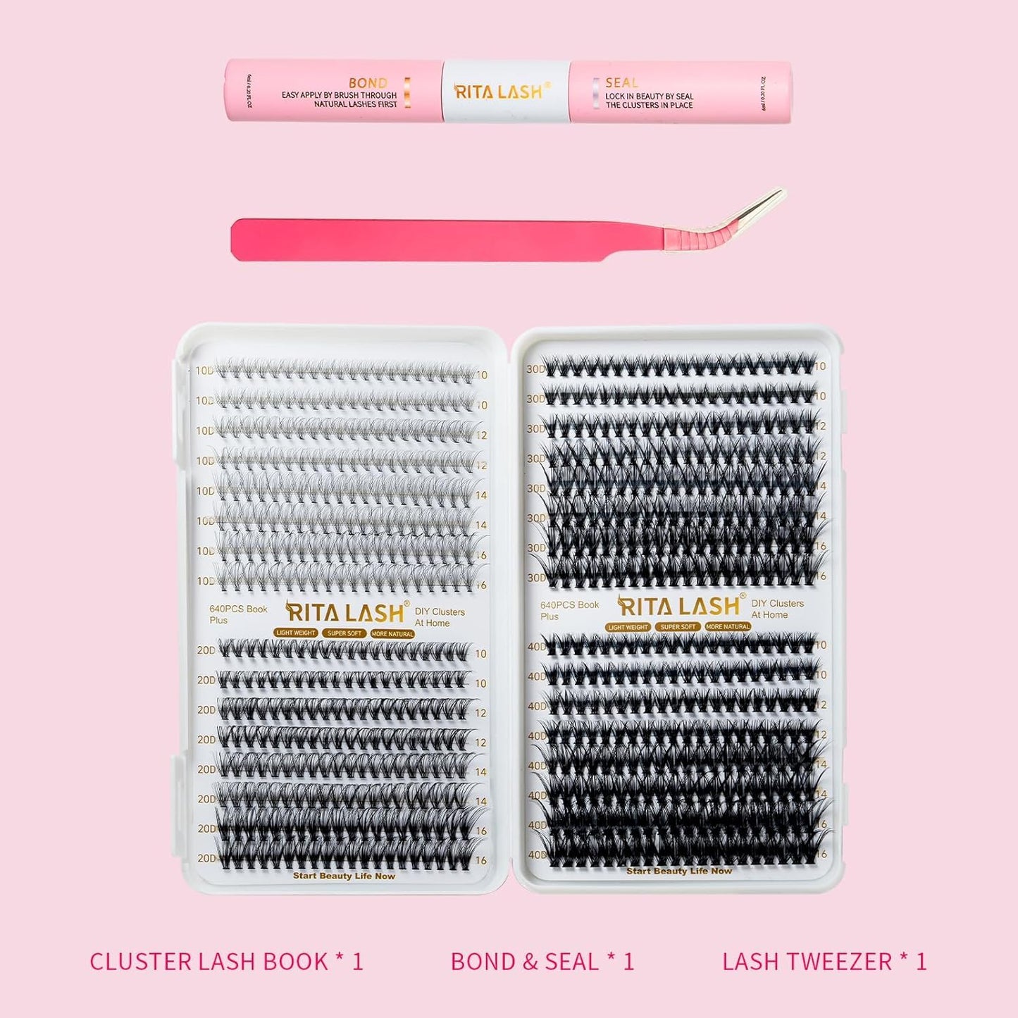 🌟RITALASH 640PCS Lash Extension Kit – 10D+20D+30D+40D DIY Cluster Lashes (10–16mm) with Bond, Seal & Tweezers, Individual False Eyelash Extension Kit