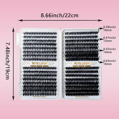 🌟RITALASH 640PCS Lash Extension Kit – 30D+40D+50D+60D Cluster Lashes (10–16mm Mixed) Wispy & Fluffy DIY Eyelash Extensions for Natural or Glam Looks at Home
