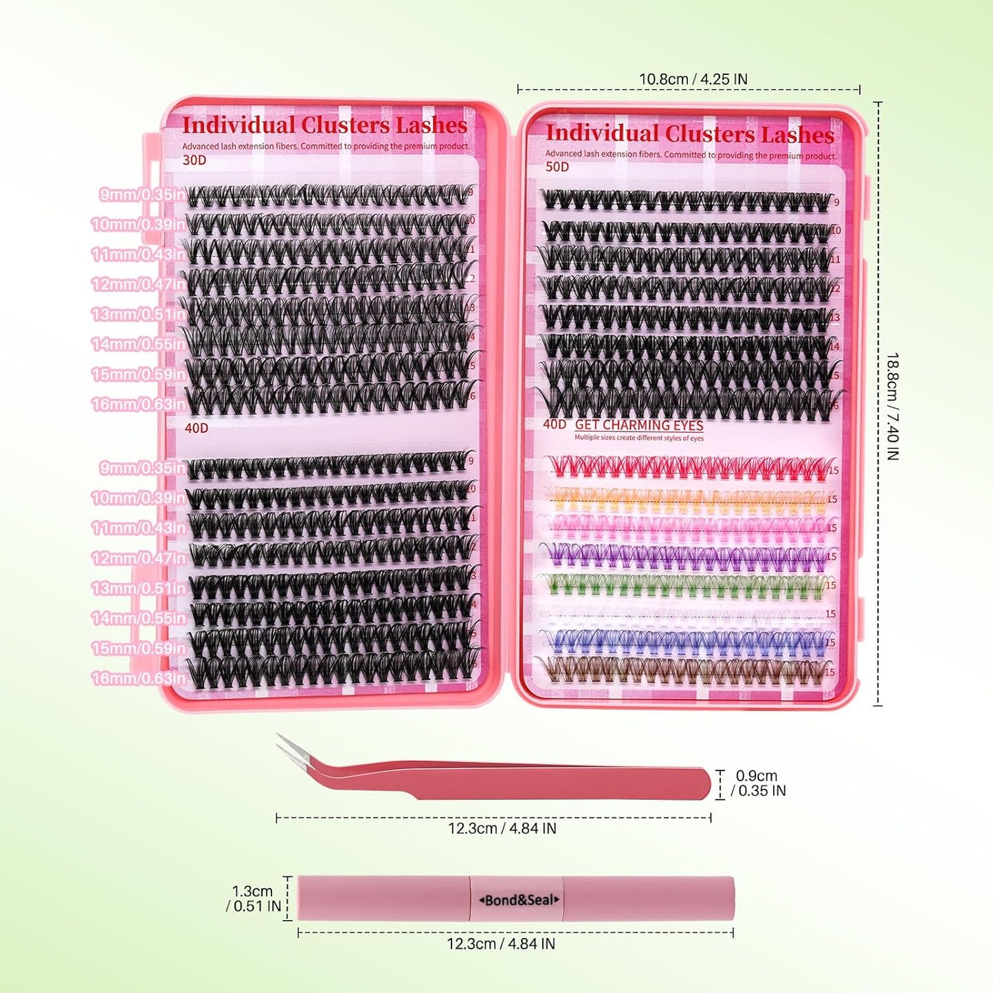💖RITALASH DIY Colored Lash Extension Kit – 640PCS 30D + 40D + 50D + 40D Cluster Lashes (9–16mm) with Bond, Seal & Tweezers for Vibrant Lash Looks