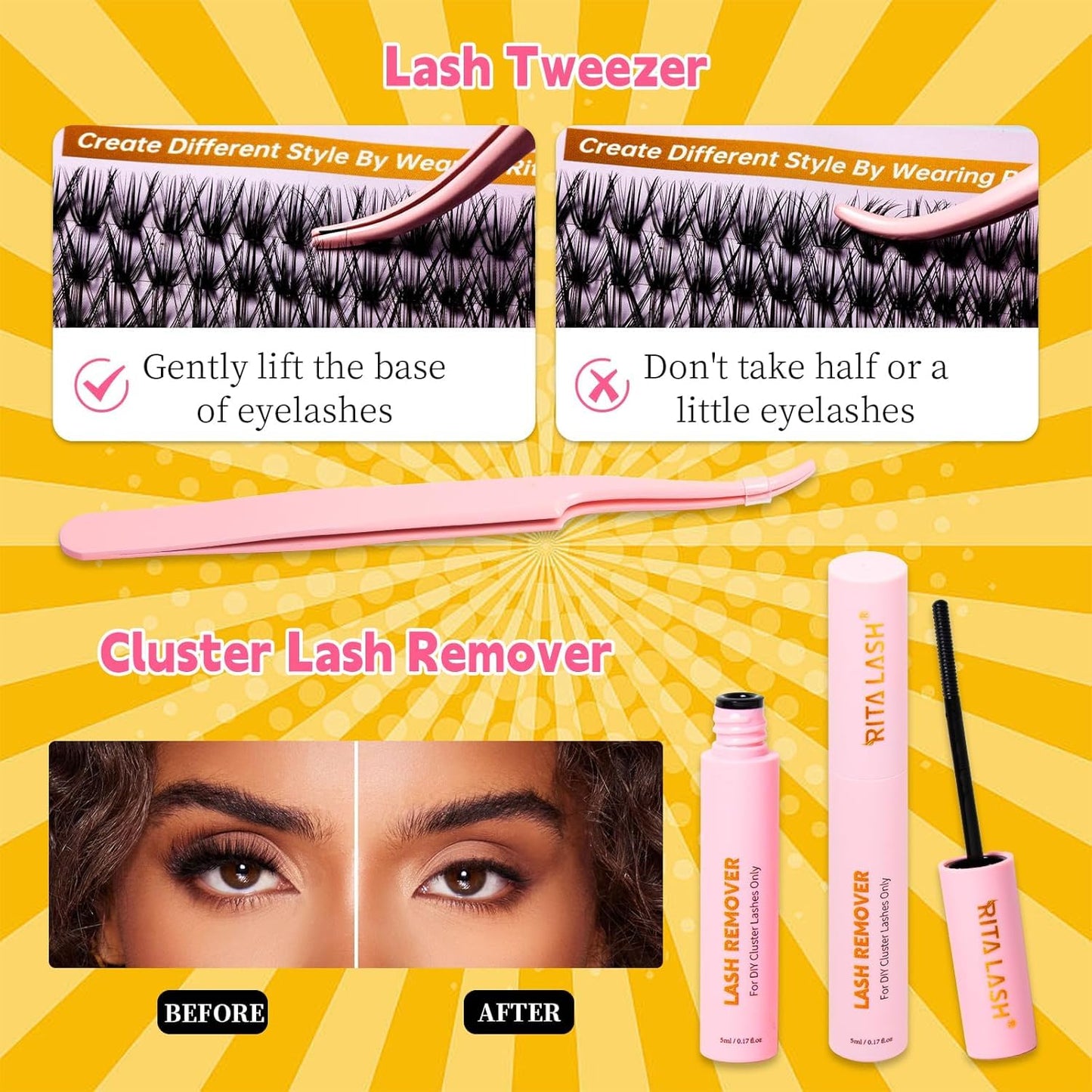 💖RITALASH DIY Lash Extension Kit Book Set – 800PCS Cluster Lashes (30D+40D+50D+60D, 8–16mm) | Individual Lash Clusters with Bond & Seal, Remover, Tweezers | At-Home Eyelash Extension Kit