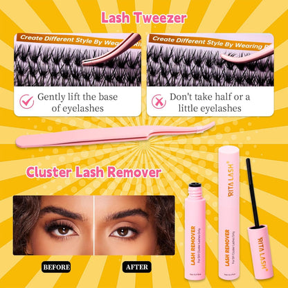 💖RITALASH DIY Lash Extension Kit Book Set – 800PCS Cluster Lashes (30D+40D+50D+60D, 8–16mm) | Individual Lash Clusters with Bond & Seal, Remover, Tweezers | At-Home Eyelash Extension Kit