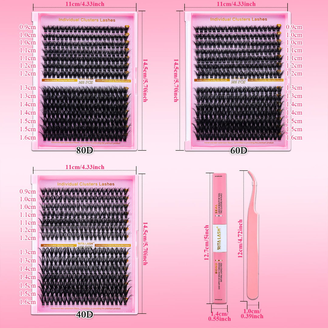 💖RITALASH DIY Lash Extension Kit – 3 Boxes Fluffy Cluster Lashes (40D+60D+80D)