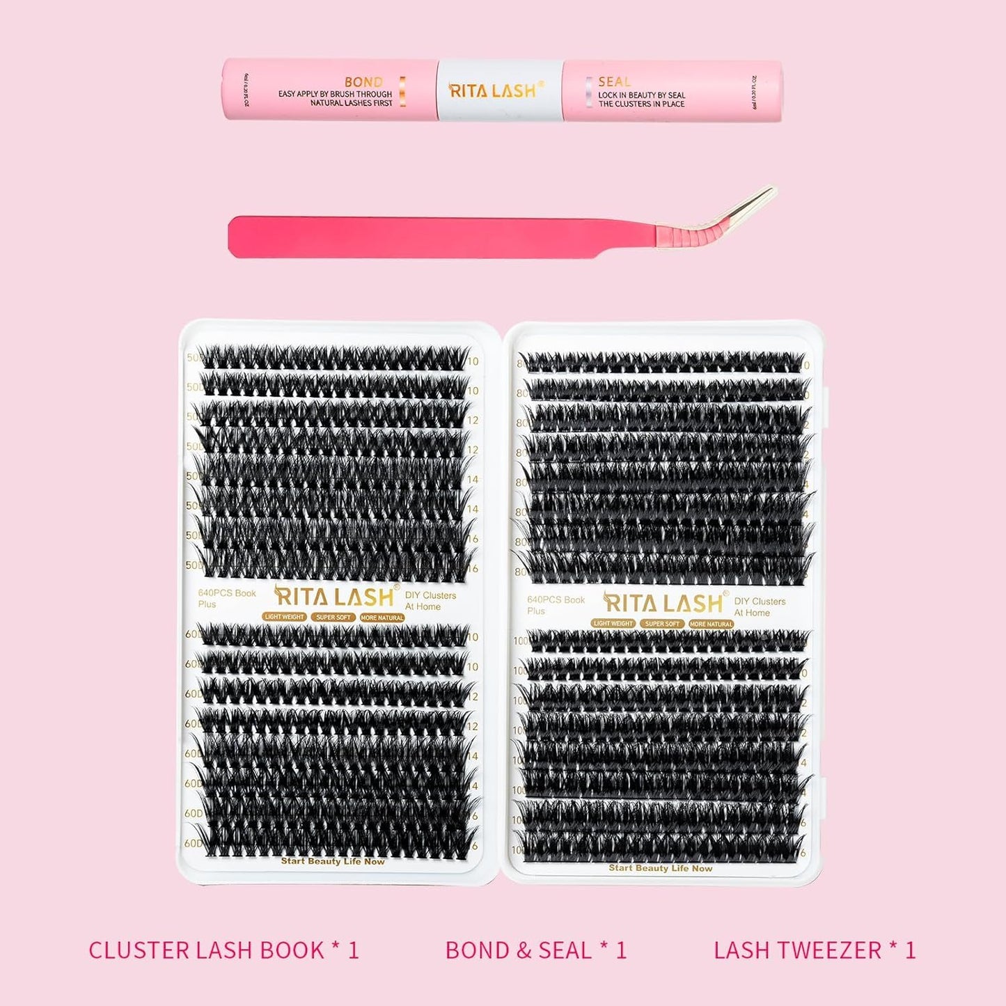 ✨RITALASH 640PCS DIY Lash Extension Kit – 50D + 60D + 80D + 100D Mixed Cluster Lashes (10–16mm) with Bond, Seal, Tweezers & Remover for At-Home Lash Styling!