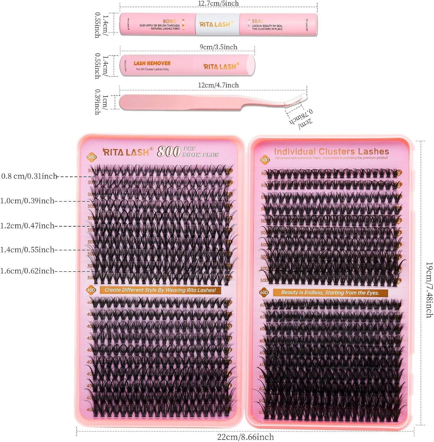 💖RITALASH DIY Lash Extension Kit Book Set – 800PCS Cluster Lashes (30D+40D+50D+60D, 8–16mm) | Individual Lash Clusters with Bond & Seal, Remover, Tweezers | At-Home Eyelash Extension Kit