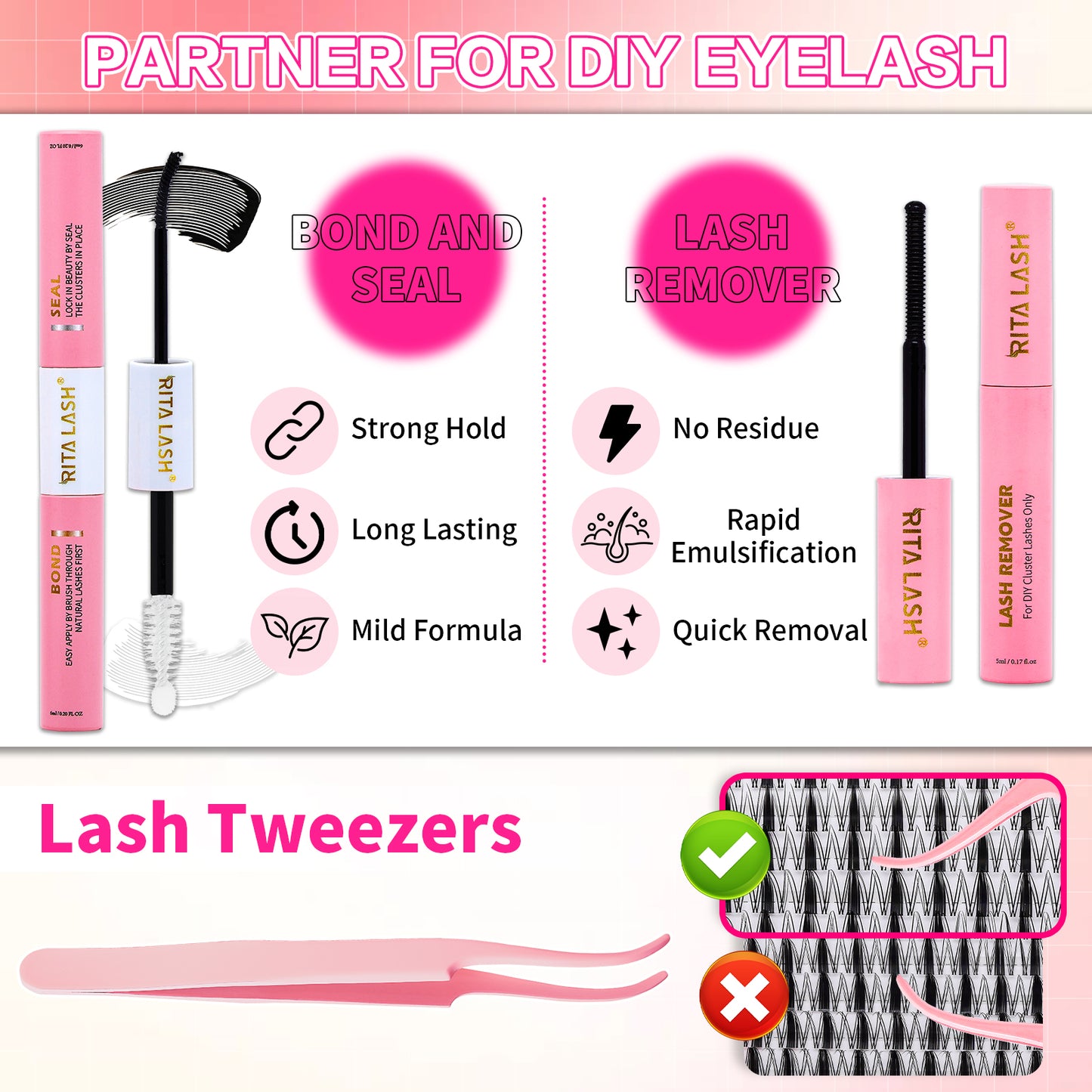 💖RITALASH 154pcs D Curl Fairy Hair Individual Eyelashes Individual False Cluster Kit DIY Eyelash Individual Lashes Mixed Lenghts At Home With Bond And Seal Applicator Individual False Cluster Remover