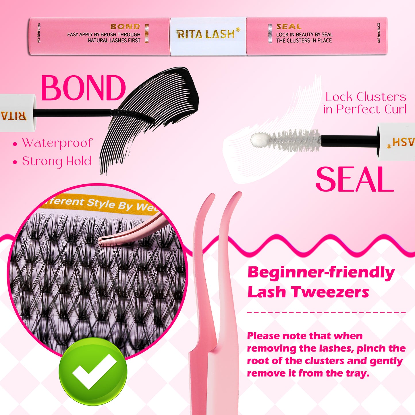 💖RITALASH 400pcs D Curl Cluster Lash Kit MIX 60D+100D Black Individual Eyelashes D Curl With Lash Bond And Seal Cluster Remover Lash Tweezer DIY At Home