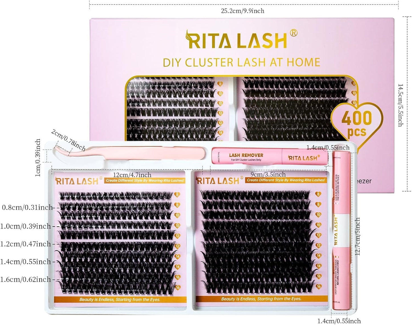 💖RITALASH 400PCS DIY Lash Extension Kit – 50D + 80D Mega Volume Cluster Lashes (8–16mm Mixed) with Bond, Seal, Remover & Tweezer for Dramatic At-Home Lash Styling!