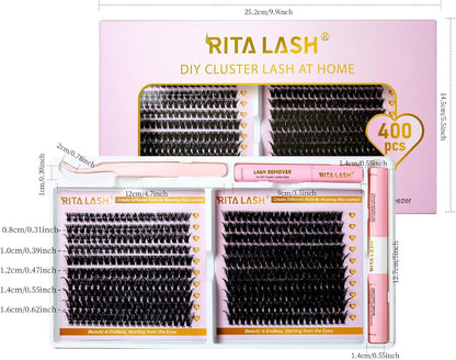 💖RITALASH 400PCS DIY Lash Extension Kit – 50D + 80D Mega Volume Cluster Lashes (8–16mm Mixed) with Bond, Seal, Remover & Tweezer for Dramatic At-Home Lash Styling!
