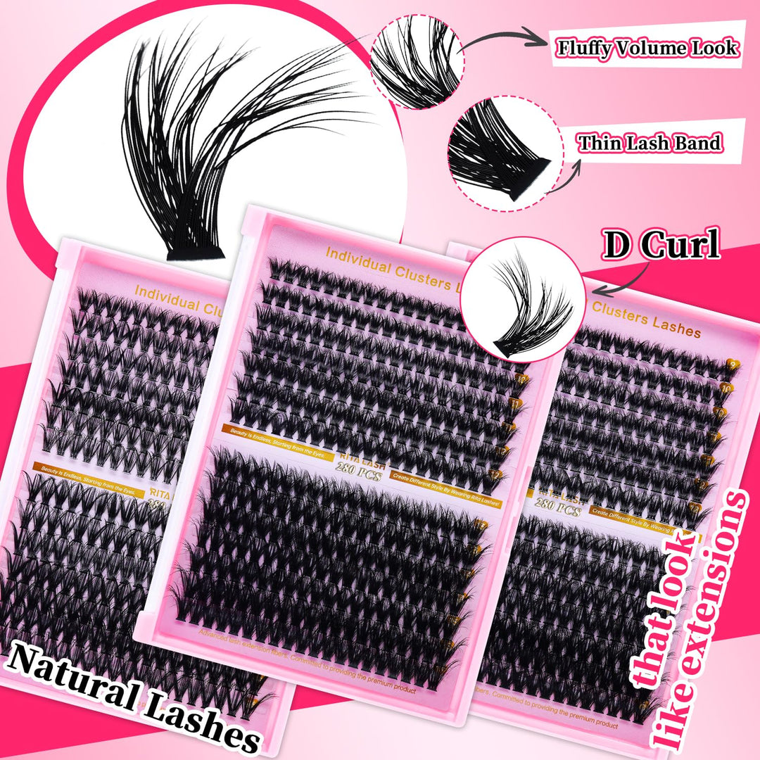 💖RITALASH DIY Lash Extension Kit – 3 Boxes Fluffy Cluster Lashes (40D+60D+80D)
