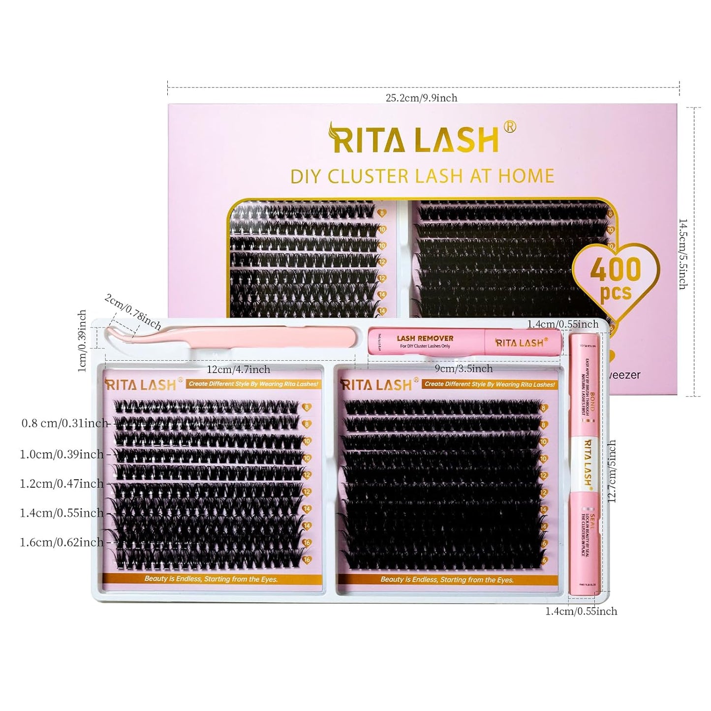 💖RITALASH 400PCS DIY Lash Extension Kit – 60D + 100D Extreme Volume Cluster Lashes (8–16mm Mixed) with Bond, Seal, Remover & Tweezer for Bold At-Home Lash Styling!
