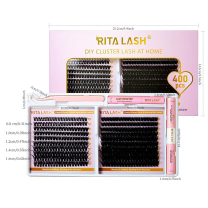 💖RITALASH 400PCS DIY Lash Extension Kit – 60D + 100D Extreme Volume Cluster Lashes (8–16mm Mixed) with Bond, Seal, Remover & Tweezer for Bold At-Home Lash Styling!