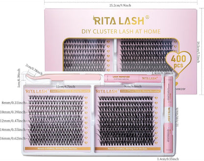 💖RITALASH 400PCS DIY Lash Extension Kit – 30D + 40D Cluster Lashes (8–16mm Mixed) with Bond, Seal, Remover & Tweezer for At-Home Glam!