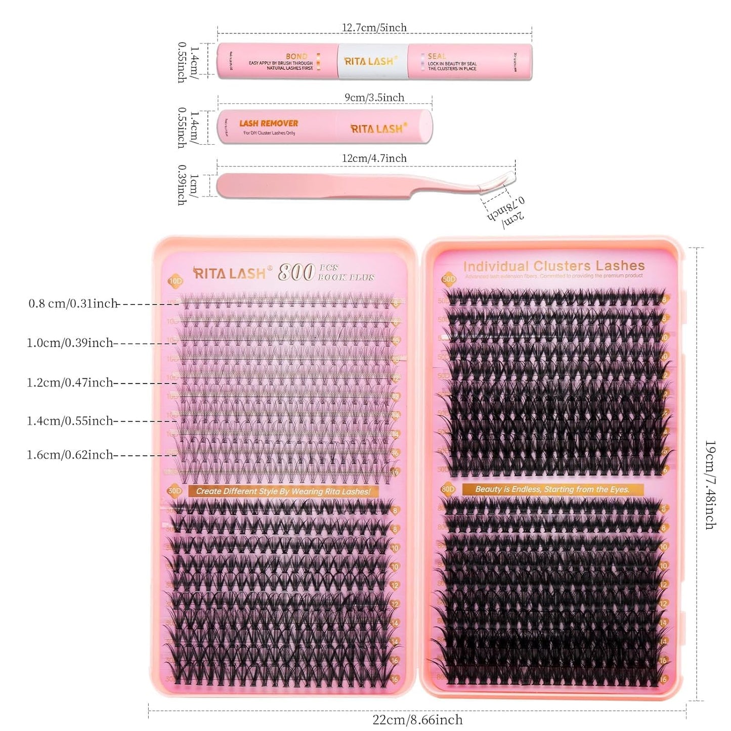 💖RITALASH DIY Lash Extension Kit Book Set – 800PCS Cluster Lashes (10D+30D+50D+80D, 8-16mm) | Individual Lash Clusters with Bond & Seal, Remover, Tweezers | At-Home Eyelash Extension Kit