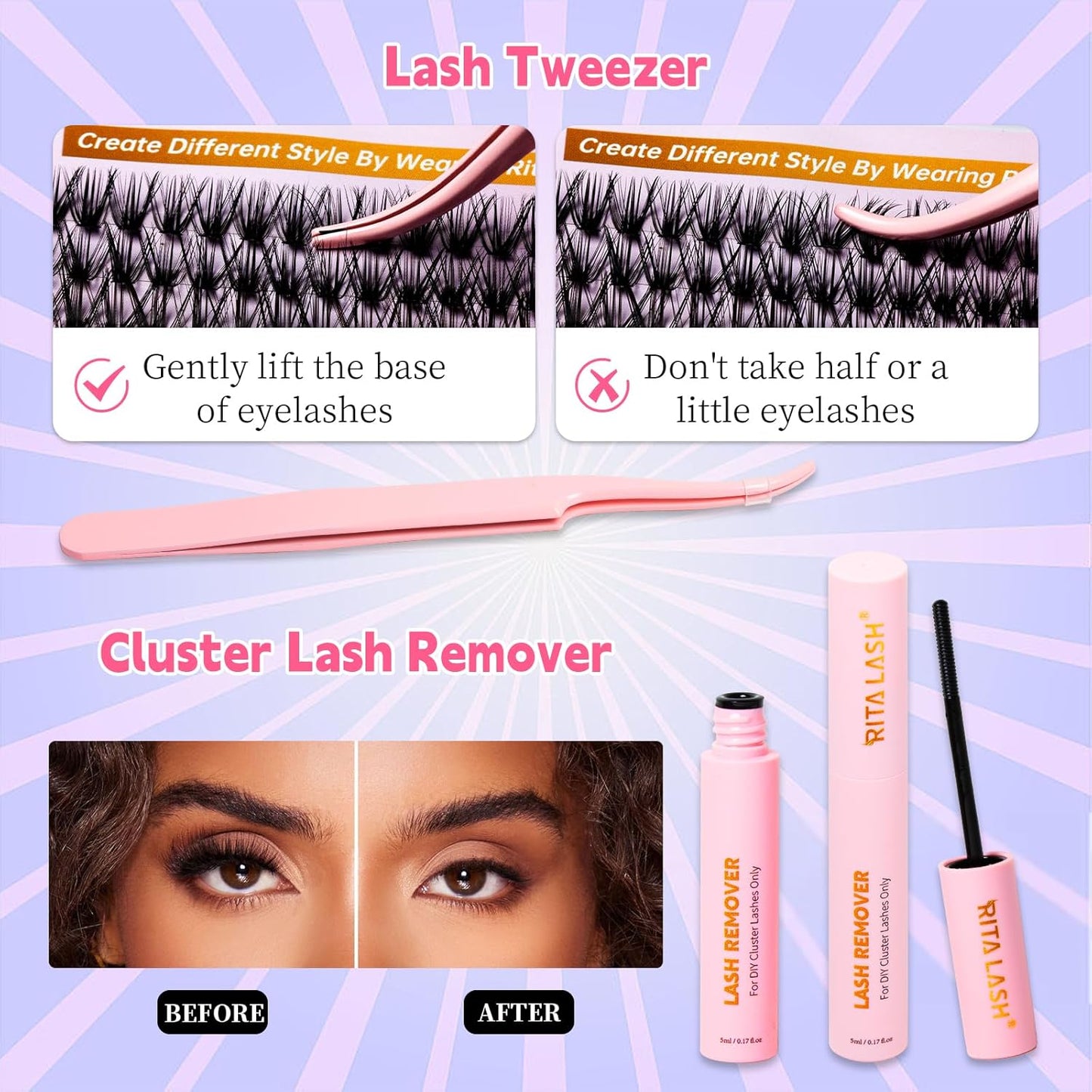 💖RITALASH DIY Lash Extension Kit Book Set – 800PCS Cluster Lashes (20D+40D+60D+100D, 8–16mm) | Individual Lash Clusters with Bond & Seal, Remover, Tweezers | At-Home Eyelash Extension Kit