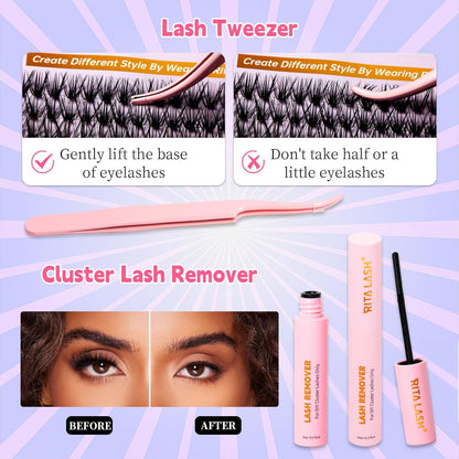💖RITALASH DIY Lash Extension Kit Book Set – 800PCS Cluster Lashes (20D+40D+60D+100D, 8–16mm) | Individual Lash Clusters with Bond & Seal, Remover, Tweezers | At-Home Eyelash Extension Kit