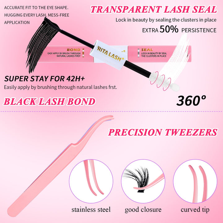 Lash Extension Kit 3 Boxes Lash Clusters+ Lash Bond and Seal,Lash Tweezers,Washbag(40D 60D 80D, 3 Boxes Kit)