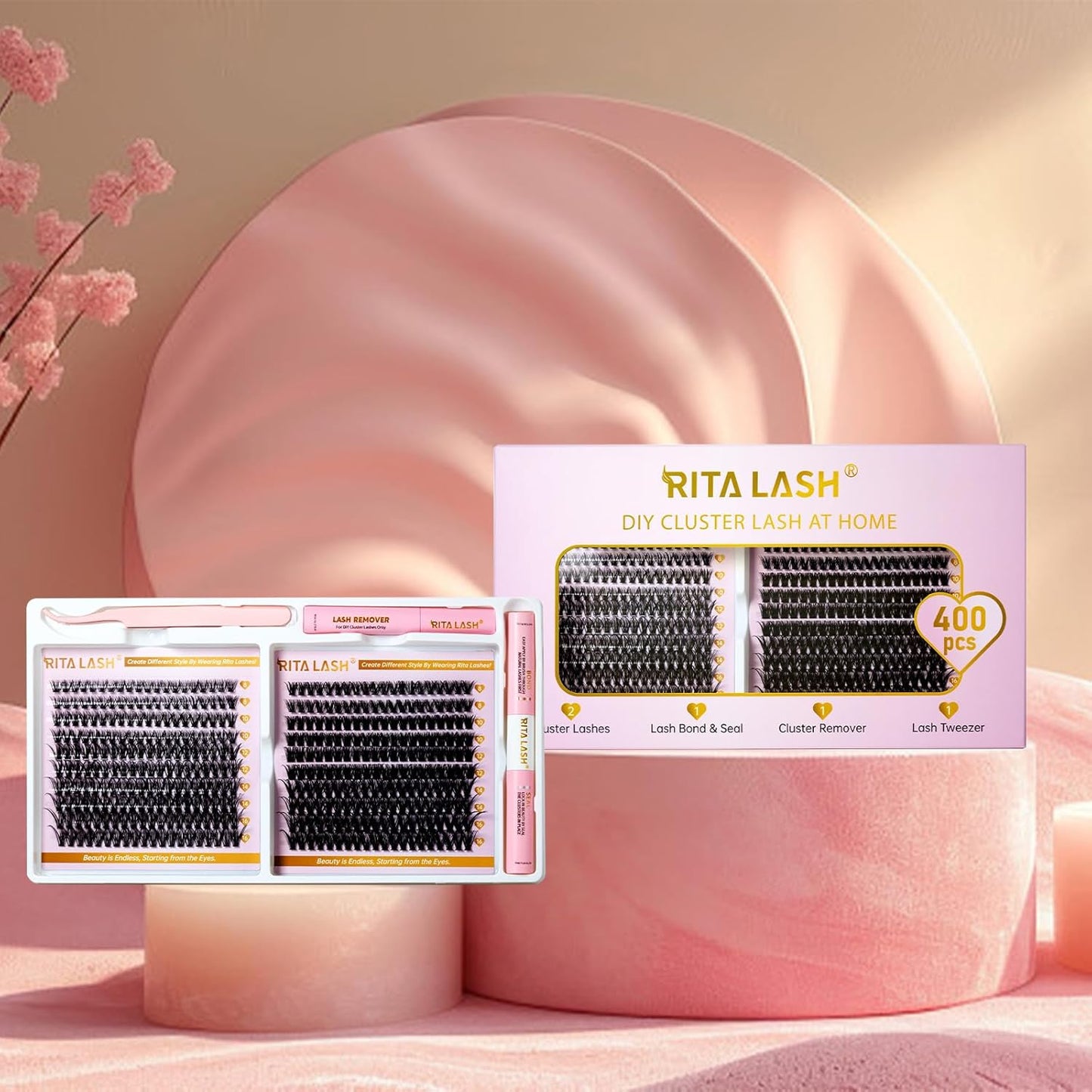 💖RITALASH 400PCS DIY Lash Extension Kit – 40D + 60D Cluster Lashes (8–16mm Mixed) with Bond, Seal, Remover & Tweezer for Bold At-Home Lash Styling!