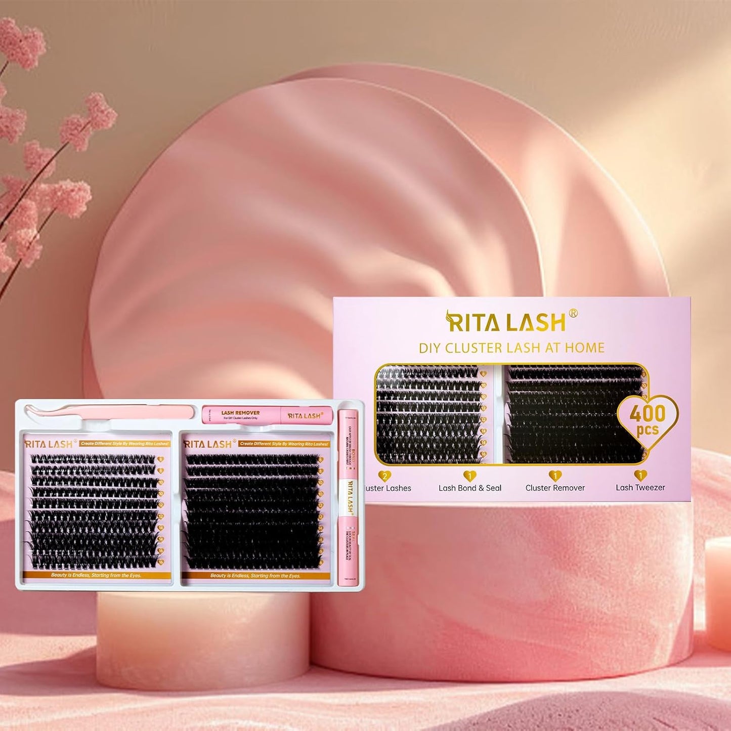 💖RITALASH 400PCS DIY Lash Extension Kit – 60D + 100D Extreme Volume Cluster Lashes (8–16mm Mixed) with Bond, Seal, Remover & Tweezer for Bold At-Home Lash Styling!