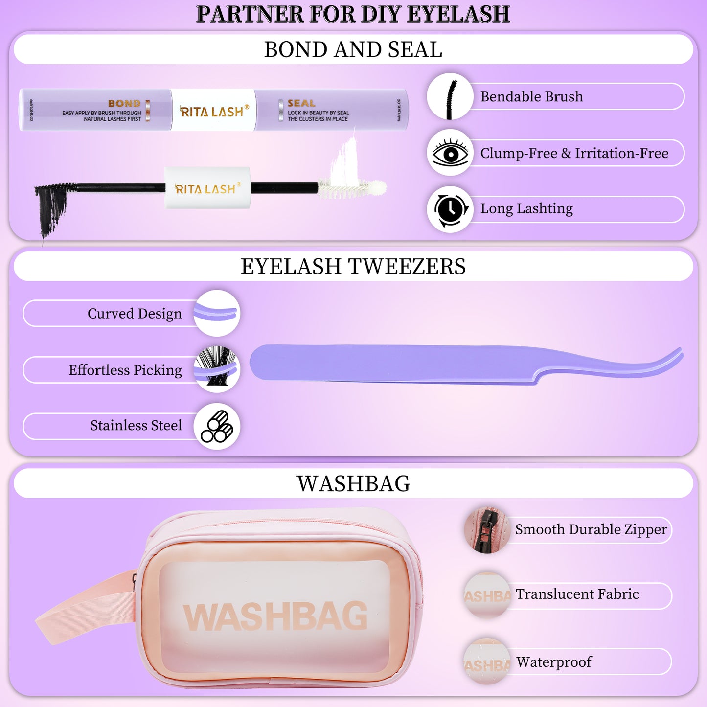 ✨RITALASH 240PCS D Curl 3D Fluffy Mix Length Individual False Cluster Es Kit Fluffy And Comfortable False Eyelashes Kit With Lash Bond&Seal Tweezers At Home For Daily Life&Dates And Party
