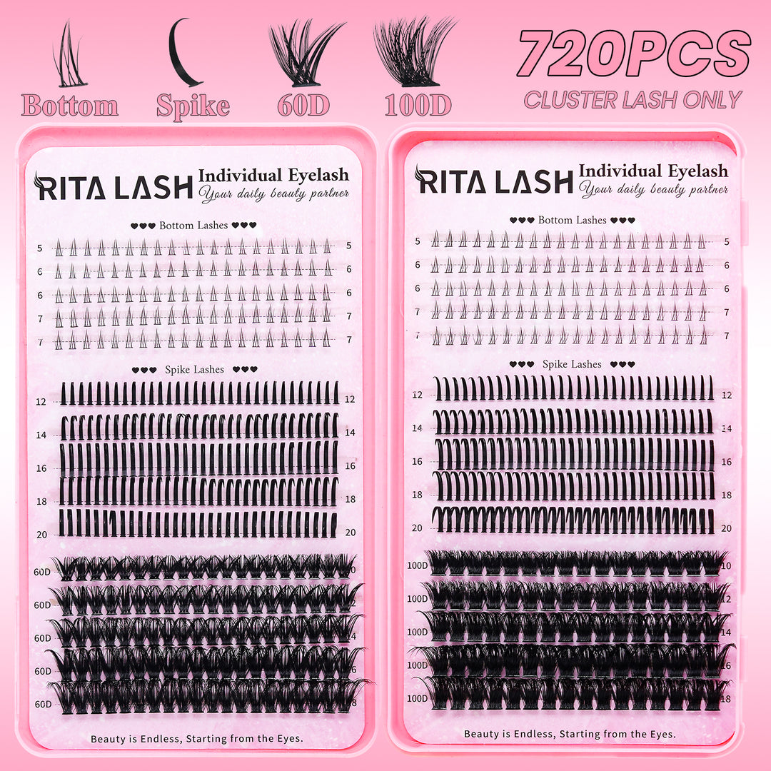 💖RITALASH 720PCS DIY Lash Extension Kit – Bottom Lashes + Spike + 60D + 100D Cluster Lashes