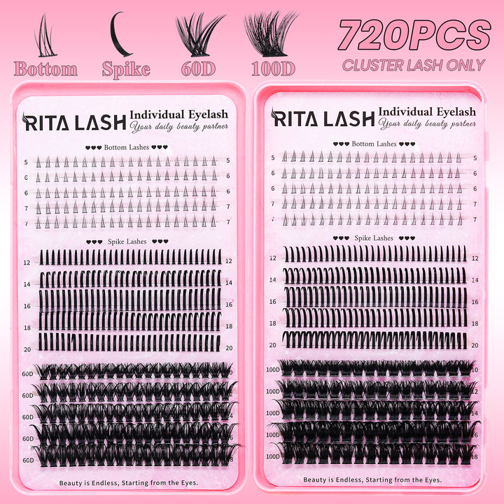💖RITALASH 720PCS DIY Lash Extension Kit – Bottom Lashes + Spike + 60D + 100D Cluster Lashes