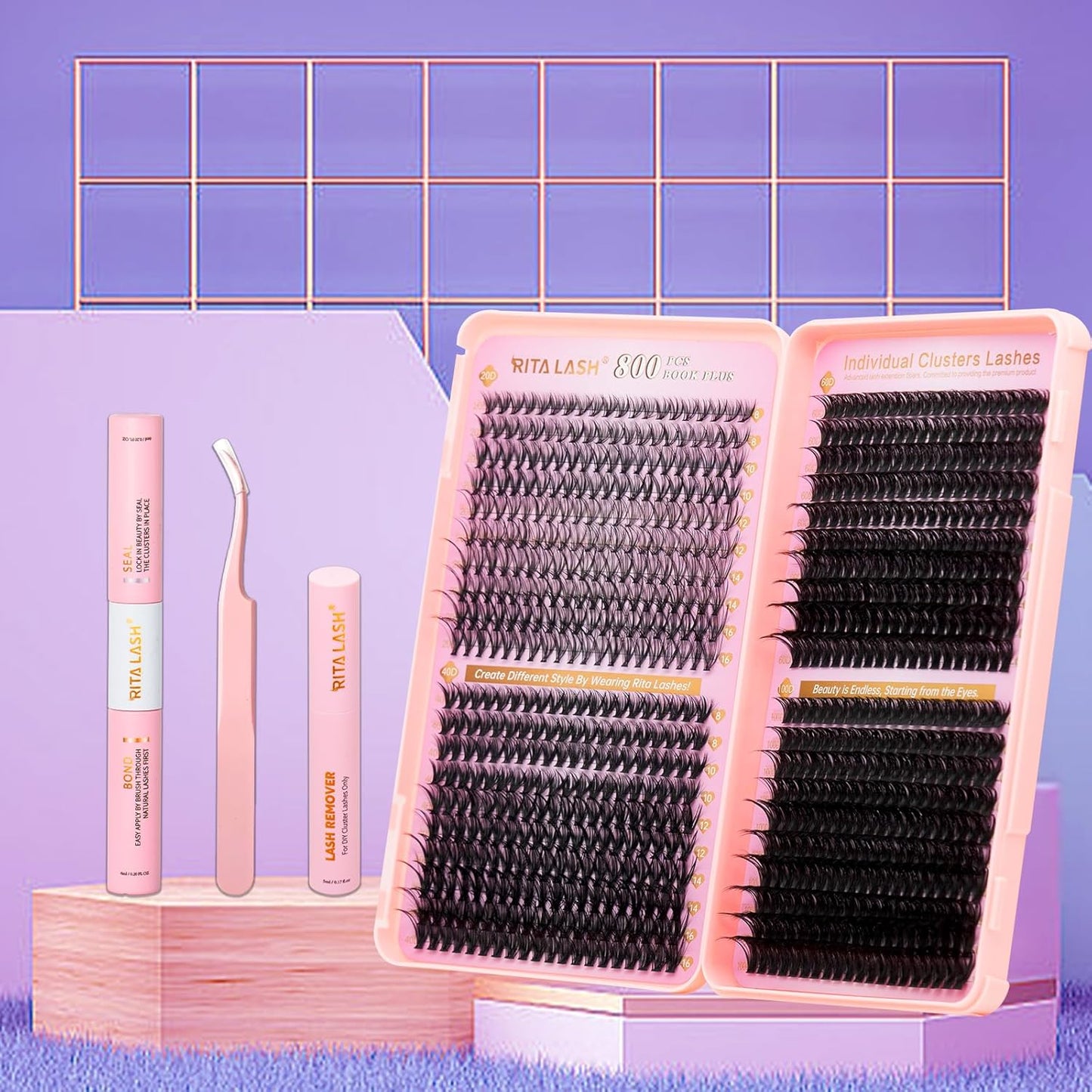 💖RITALASH DIY Lash Extension Kit Book Set – 800PCS Cluster Lashes (20D+40D+60D+100D, 8–16mm) | Individual Lash Clusters with Bond & Seal, Remover, Tweezers | At-Home Eyelash Extension Kit