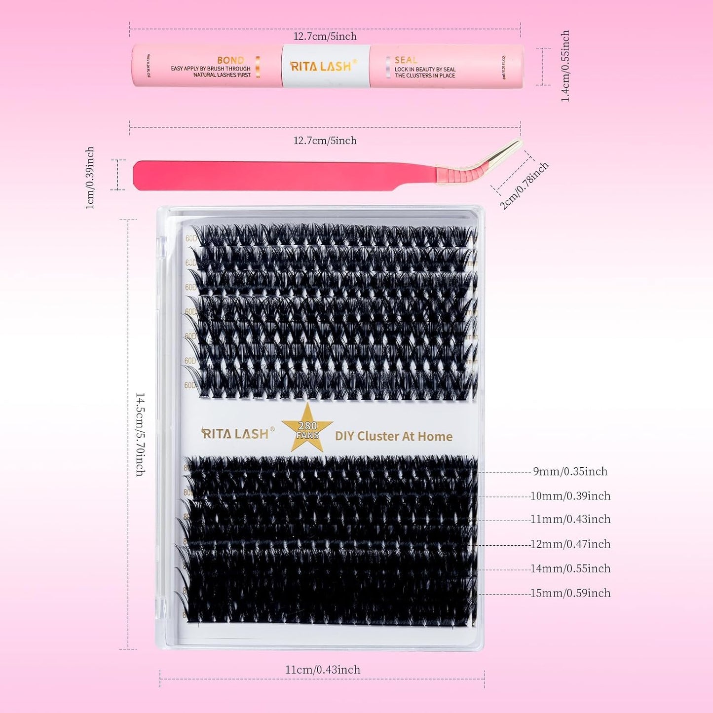 ✨RITALASH 280PCS DIY Lash Extension Kit – 60D + 80D Mixed Cluster Lashes (9–15mm) with Bond & Seal and Tweezers | Wispy Individual Eyelash Extensions for At-Home Salon Look