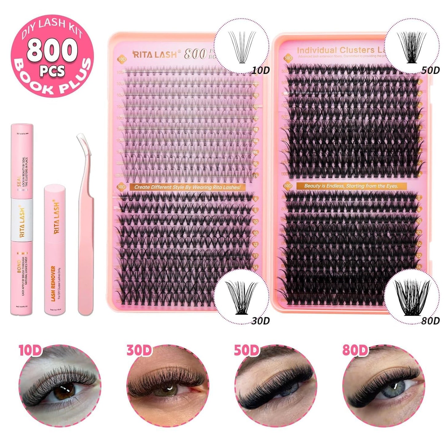 💖RITALASH DIY Lash Extension Kit Book Set – 800PCS Cluster Lashes (10D+30D+50D+80D, 8-16mm) | Individual Lash Clusters with Bond & Seal, Remover, Tweezers | At-Home Eyelash Extension Kit