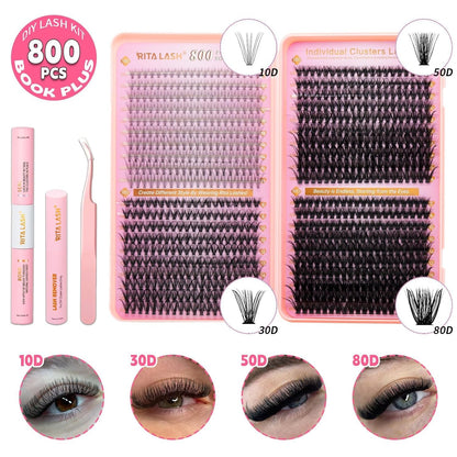 💖RITALASH DIY Lash Extension Kit Book Set – 800PCS Cluster Lashes (10D+30D+50D+80D, 8-16mm) | Individual Lash Clusters with Bond & Seal, Remover, Tweezers | At-Home Eyelash Extension Kit