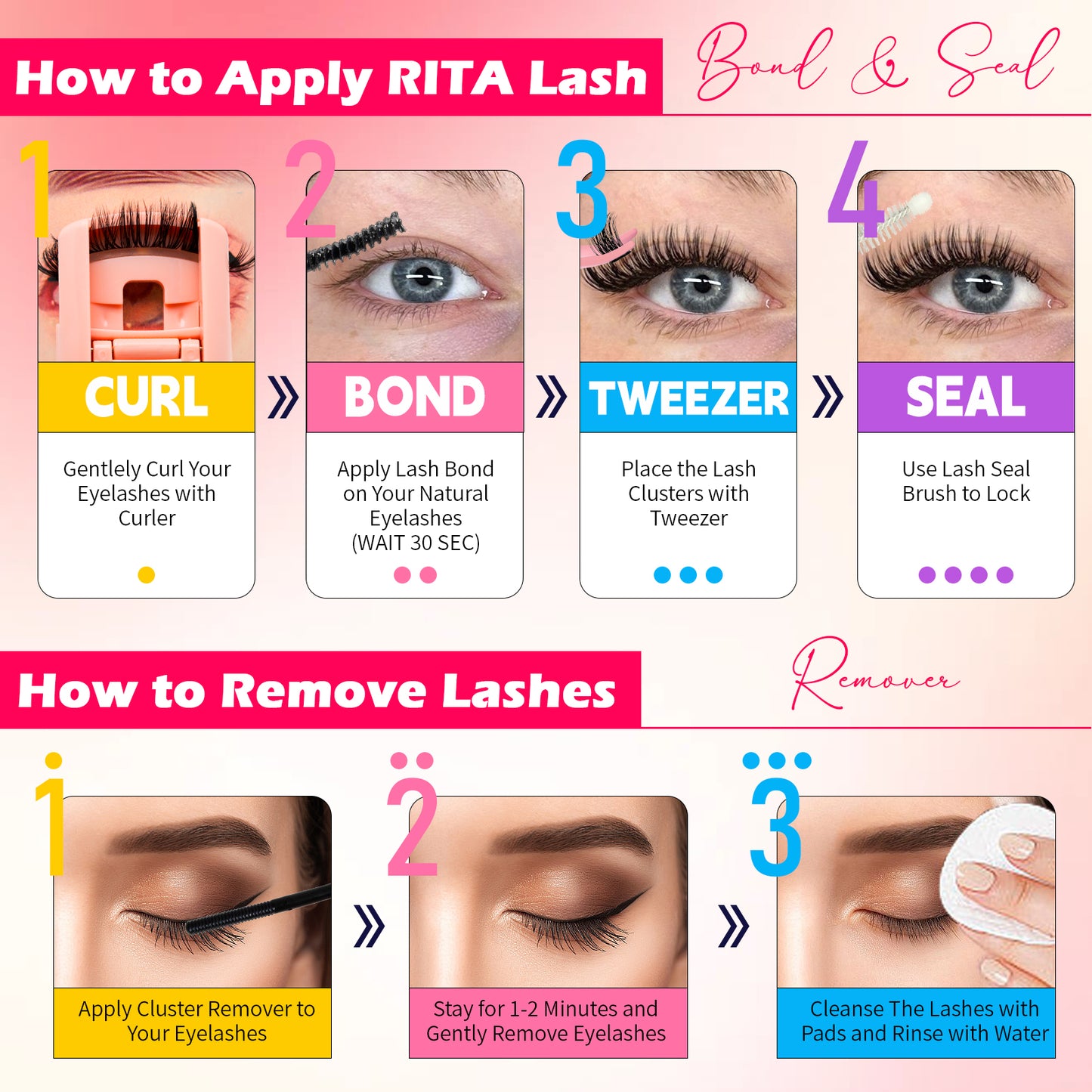 💖RITALASH 154pcs D Curl Fairy Hair Individual Eyelashes Individual False Cluster Kit DIY Eyelash Individual Lashes Mixed Lenghts At Home With Bond And Seal Applicator Individual False Cluster Remover
