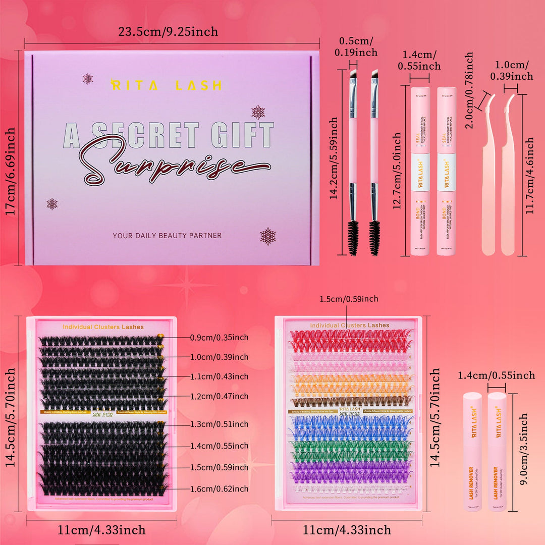 ✨280PCS Lash Extension Kit – 5 Styles DIY Lash Clusters with Bond & Applicator