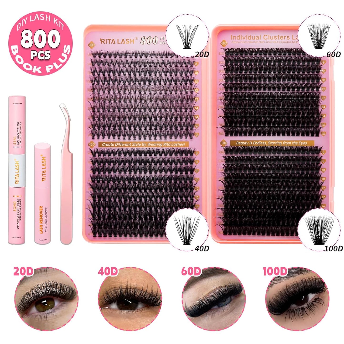💖RITALASH DIY Lash Extension Kit Book Set – 800PCS Cluster Lashes (20D+40D+60D+100D, 8–16mm) | Individual Lash Clusters with Bond & Seal, Remover, Tweezers | At-Home Eyelash Extension Kit