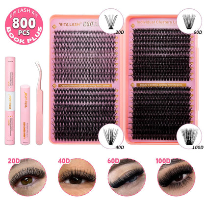 💖RITALASH DIY Lash Extension Kit Book Set – 800PCS Cluster Lashes (20D+40D+60D+100D, 8–16mm) | Individual Lash Clusters with Bond & Seal, Remover, Tweezers | At-Home Eyelash Extension Kit