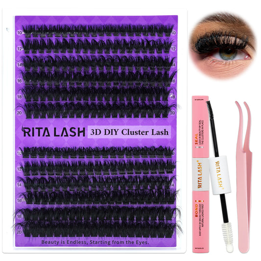 ✨RITALASH 240PCS D Curl 3D Fluffy Mix Length Individual False Cluster Es Kit Fluffy And Comfortable False Eyelashes Kit With Lash Bond&Seal Tweezers At Home For Daily Life&Dates And Party