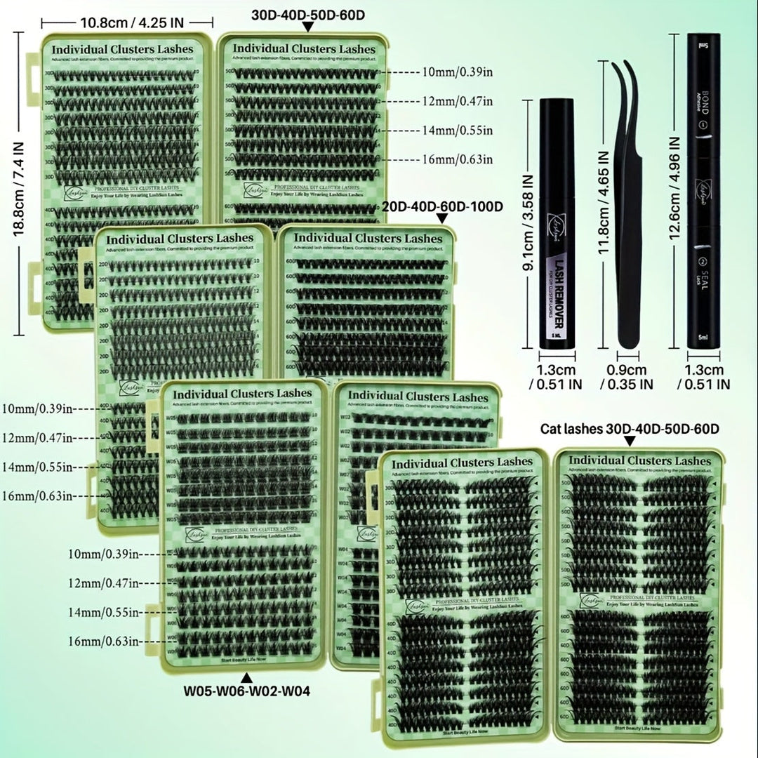 Individual False Eyelashes Extension Kit Curl Wispy Style,Individual Eyelashes Makeup Kit, 4 Box Lashes Book with Bond Seal&Remover&Tweezer